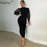 Joskaa Christmas Gift Nadafair Mesh Puff Sleeve Sexy Bodycon Dress Women High Neck Club Outfits Back Split Black Party Maxi Dress Women Winter  2024