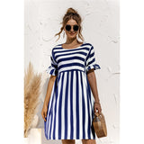 Joskaa Back to school  Women Elegant Ruffle Sleeve Striped Patchwork A Line Dress 2024 Summer Casual High Waist O Neck Loose Pocket Dress Beach Wear