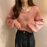 Joskaa Autumn Women Sweaters Casual Puff Long Sleeve Short Jumper Sexy Cross V Neck Fake Two Pieces Sweater Korean Slim Bottom Knitwear