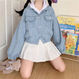 Joskaa Black Friday Sales Japanese Kawaii Girl Denim Short Women Jacket Autumn Ruffled Sweet Cute Loose Cardigan Single Breasted Crop Coat Top Female