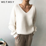 Joskaa Christmas Gift WOTWOY Autumn Winter Basic Knitted Blue White Sweater Women 2024 Fashion Casual V-neck Female Pullovers Korean lady Jumpers