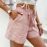 Back to College Joskaa Elastic waist drawstring shorts Pocket dusty pink summer shorts woman Causal loose lace hollow out side shorts 2024 new