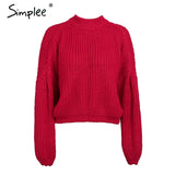 Back to College Joskaa Winter lantern sleeve knitted sweater pullover Women loose round neck red sweater Female autumn casual sweater jumper