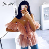 Joskaa V neck strap boho mesh blouse shirt women Ruffle short sleeve elegant peplum tops Summer lace up ladies sexy blusas 2019