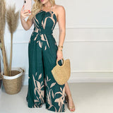 Women Fashion Elegant Sleeveless Partywear Jumpsuits Overalls Formal Party Romper Print Halter Slit Wide-legs Party Jumpsuit