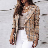 Joskaa Women Plaid Double Button Slim Blazer Autumn Long Sleeve Office Female Blazer Casual Turndown Collar Khaki OL 2024 Fashion Coat