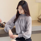 Joskaa New 2024 Autumn Women Blouses Chiffon Shirt Loose Lantern Long Sleeves Lace Stitching Bottoming Shirt  Female Tops Blusa 0792 30