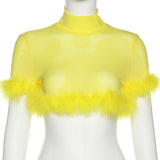 Joskaa  Yellow Women Turtleneck Short Sleeve Cropped Tops Summer Sexy See-Through Mesh Plush Crim Patchwork T Shirt Tops