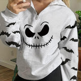 Joskaa Halloween Smiling Face Bat Print Women Sweatshirt Zipper Lapel Top Autumn Long Sleeve Fashion Casual Halloween Sweatshirt