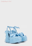 JOSKAA Light Blue Satin Platform High Heel Sandals Women Square Toe knotted Bow Chunky Heel Rhinestone Buckle Mary Janes Shoes