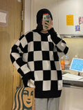 Joskaa Tawaaiw Checkerboard Plaid Sweater Women Long Sleeve Korean Style Knitted Pullover O-Neck Loose Ladies Jumper Autumn Winter Tops