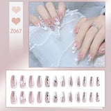 Joskaa 24P Fake Nails Press on Nails Set Diamond Streamer Flash Fly Butterfly Seamless Removable False Nail Barbie Nail August Nails 2024