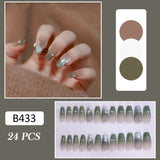 Joskaa 24pcs Long Ballet French False Nails With Gradient Green Crystal Design Glitter Cat's Eye Fake Nail Barbie Nail