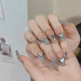 Joskaa 24pcs Press On Nails Long Pink Heart Silver Glitter Coffin False Nails Design Ballerina Fake Nails Fairy Nail