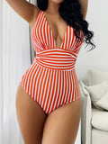 Joskaa 2024 Striped One Piece Swimsuit Vintage Swimwear Women V-neck Bathing Swimming Suit Female Summer Beachwear Bodysuit