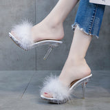 Joskaa Sexy Stiletto Heels Fur Slippers For Women 2024 Summer Fashion Platform Sandals Woman Transparent Pvc Ladies Mules Shoes