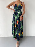 Joskaa Women Floral Plant Print Loose Beach Dress Sexy V Neck Suspenders Boho Long Dress Elegant High Waist Backless Sling Party Dress