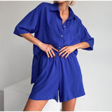 Joskaa Blue Shorts Blousea 2 Piece Set Women Lapel Middle Sleeve Buttons Split Shirt Suits Spring Fashion Ladies Pajamas Set