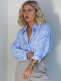 Joskaa 2024 New Blue Pocket Striped Shirt Women Casual Chic Long Sleeve Loose Blouse Elegant Blouses Summer Fall Blouse