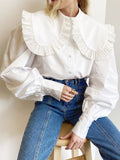 Joskaa White Peter Collar Ruffle Blouse 2024 Long Sleeve Cotton Casual Simple Blouses Elegant Office Lady Shirt Fall Blouse