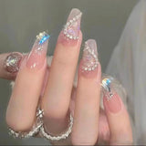 Joskaa 24pcs Long Ballerina False Nails Pink Heart Love Rhinestones Rose Designs Fake Nails Back To School Nails