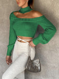 Joskaa Wsevypo Fall Winter Chic Off Shoulder Halterneck Knit Sweaters Women Casual Long Sleeve Cutout Pullover Crop Tops Street Jumpers