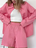 Joskaa Cotton Long Sleeve Shirt Shorts 2 Piece Sets Women Single Breasted Suits Spring Fashion Ladies Pink High Waist Drawstring Set