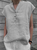 Joskaa Solid Summer Sleeveless Casual Loose Shirt Retro Sexy V Neck Button Femme Pullover Blusas Women Fashion Cotton Linen Blouse Tops