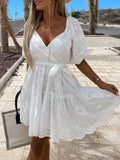 Joskaa hoco dresses Casual Loose Tassel V Neck Beach Dress Women Elegant Flare Sleeve A-Line Party Dress Sexy Hollow Out Embroidery White Mini Dress