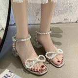 Fashion Ankle Strap Pearls Sandals Women 2022 Summer PVC Transparent Heels Sandalias Mujer Beaded Bow Party Shoes Woman
