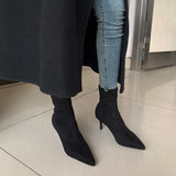 JOSKAA New Women Sock Ankle Boots Fashion Black Slip On Ladies Elegant Dress Short Boot Thin High Heel Dress Chelsea Shoes