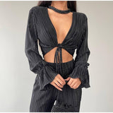 Joskaa Solid Pleated Cropped Top 2piece Set Women Sexy Pagoda Long Sleeve Lace Up Shirt Suit Female V-neck Shirt Trouses Sets