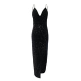 Joskaa Sexy Club Sequined Dress For Women Black Strap Long Maxi Dresses Backless Solid Color Split Floor Dress