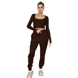 Joskaa Waffle Solid U Neck Long Sleeve Pants Set Women Cropped Top High Waist Trouser 2 Piece Set Female Casual Pantsuits