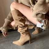 JOSKAA Country Concert Outfit Summer  Retro Pleated Knee High Cowboy Boots for Women 2024 Autumn High Heels Pointed Toe Western Boots Woman Brown Long Botas Feminina