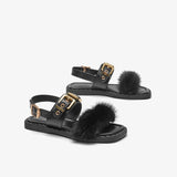 Joskaa  Summer Sandals Women Cow Leather Square Toe Mink Design Buckle Strap Elegant Female Flat Shoes Handmade 32372