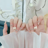 Joskaa 24pcs Long Ballerina False Nails Pink Heart Love Rhinestones Rose Designs Fake Nails Back To School Nails