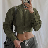 Joskaa Heyoungirl Fashion Women Military Cropped Jacket Vintage Green Zip Up Slim Y2K Coat Casual Safari Style Grunge Sweatshirt Winter