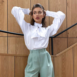 Joskaa Loose Lace Up Bow Shirt Lady Elegant Solid Female Puff Sleeve Satin Blouse 2024 Spring Casual Office Lady White Shirts