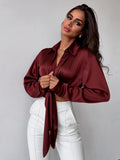 Joskaa Sexy Lace Up Lapels Blouses Lady Vintage Long Sleeves Female Cropped Tops 2024 Spring Casual Brown Party Club Shirts