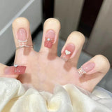 Joskaa 24pcs Press On Nails Long Pink Heart Silver Glitter Coffin False Nails Design Ballerina Fake Nails Fairy Nail