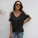 Joskaa Sexy Women V-neck Off Shoulder Solid Color T-shirts Top Summer New Short Sleeve Casual Loose Cross Tie Up Tee Pullover Black XXL