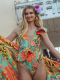 JOSKAA Ruffled Swimwear Women Cut Out Swimsuit One Piece Print Women'S Sexy Bodysuit High Cut Bathing Suits Beach Wear One-Piece