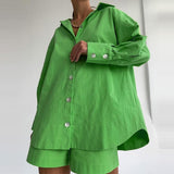 Joskaa Casual Women Short Set Tracksuit Loungewear Two Piece Women Outfits Oversized Long Shirt And High Waist Shorts Green