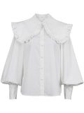 Joskaa White Peter Collar Ruffle Blouse 2024 Long Sleeve Cotton Casual Simple Blouses Elegant Office Lady Shirt Fall Blouse