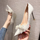 Joskaa Sexy Stiletto Heels Wedding Pumps Women Designer Luxury Pearl Bowknot Thin High Heels Pointed Toe Party   Shoes Woman