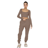 Joskaa Waffle Solid U Neck Long Sleeve Pants Set Women Cropped Top High Waist Trouser 2 Piece Set Female Casual Pantsuits