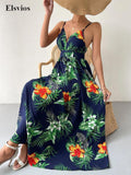 Joskaa Women Floral Plant Print Loose Beach Dress Sexy V Neck Suspenders Boho Long Dress Elegant High Waist Backless Sling Party Dress