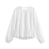 Joskaa Autumn New White Blouse Women O Neck Long Sleeve Elegant Lace-up Blouses 2024 Causal Shirt Tops Fall Blouse