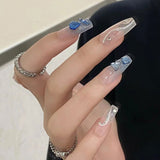 Joskaa 24pcs Fake Nails Y2k Korean Gradient False Nails Set Press on Nails Rhinestone Wearable Long Coffin Artificial Nails Nail